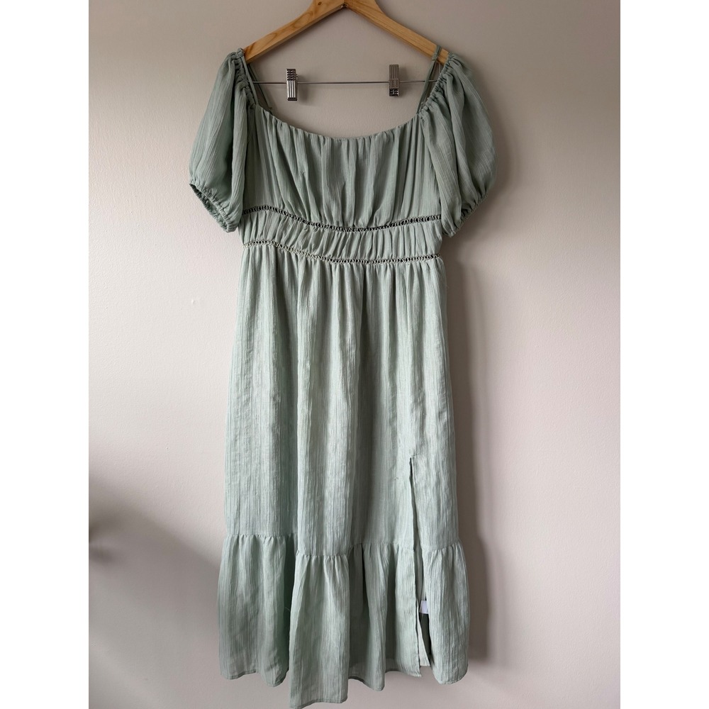 ASTR The Label Sage Green Puff Sleeve Crochet Trim Midi Dress